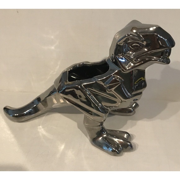 Chrome Dinosaur Trex Tyrannosaurus Rex Planter Pot - Picture 6 of 10